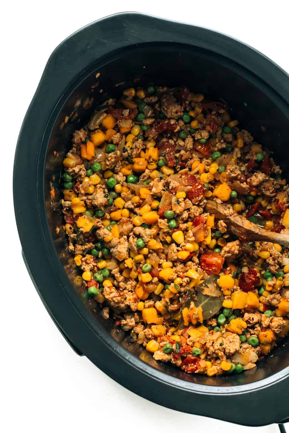 slow cooker ground turkey with butternut squash, corn, peas and southwest spice blend