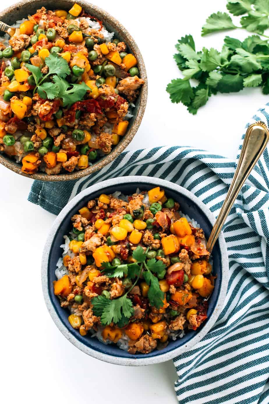 slow cooker ground turkey with butternut squash, corn, peas and southwest spice blend