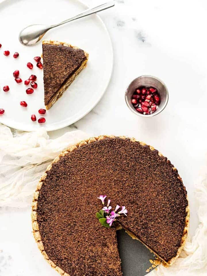 pumpkin pie recipe with pecan and a chocolate topping