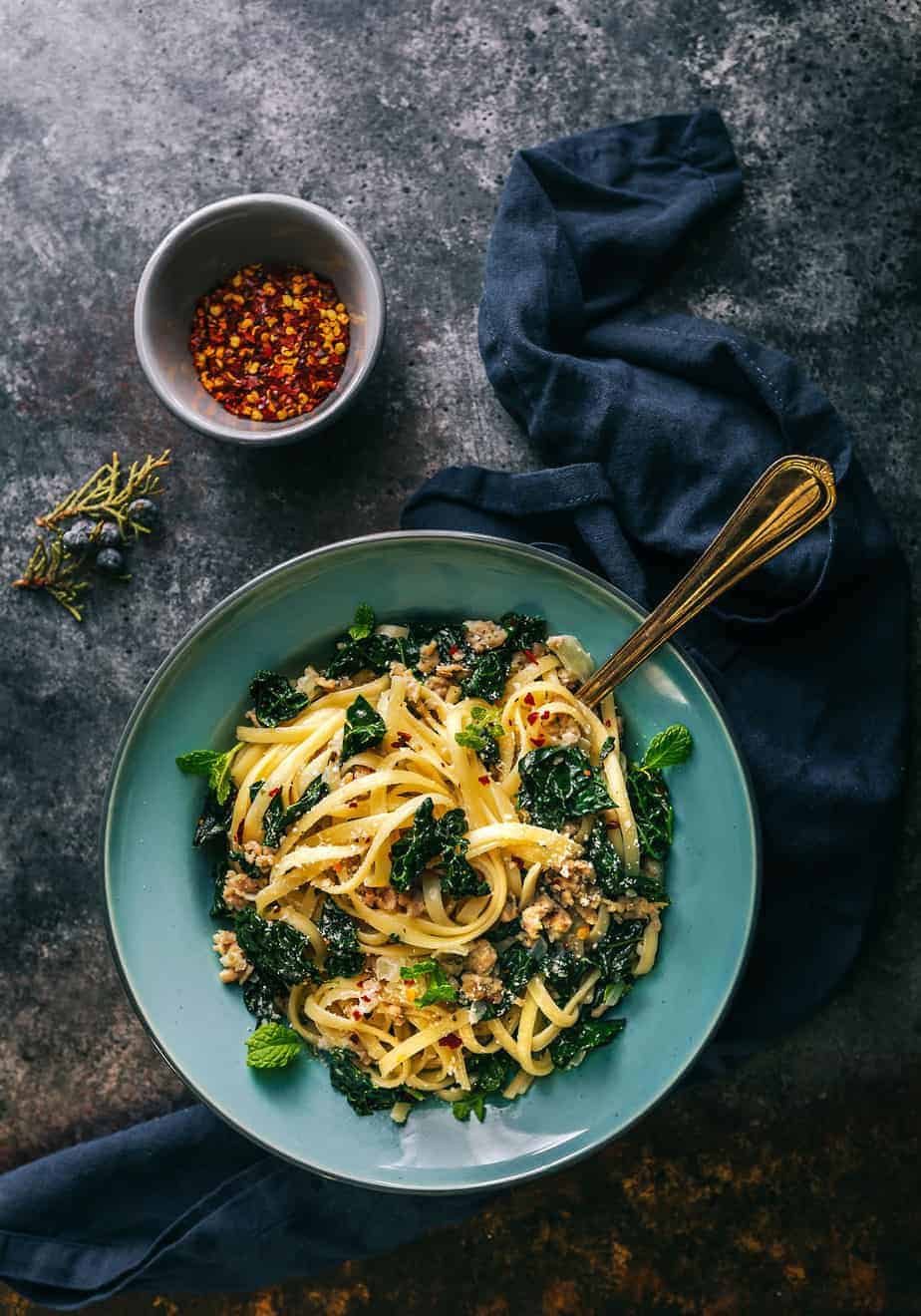 Fettuccine Alfredo with Chicken Sausage and Kale