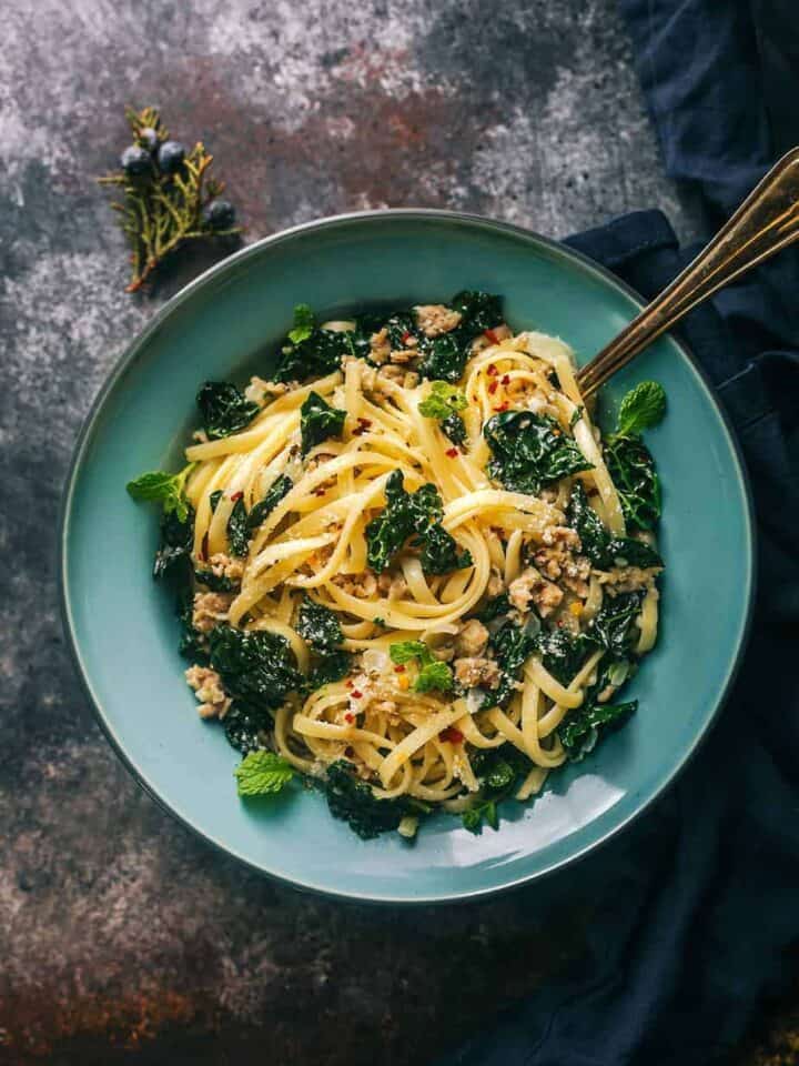 Fettuccine Alfredo with Chicken Sausage and Kale