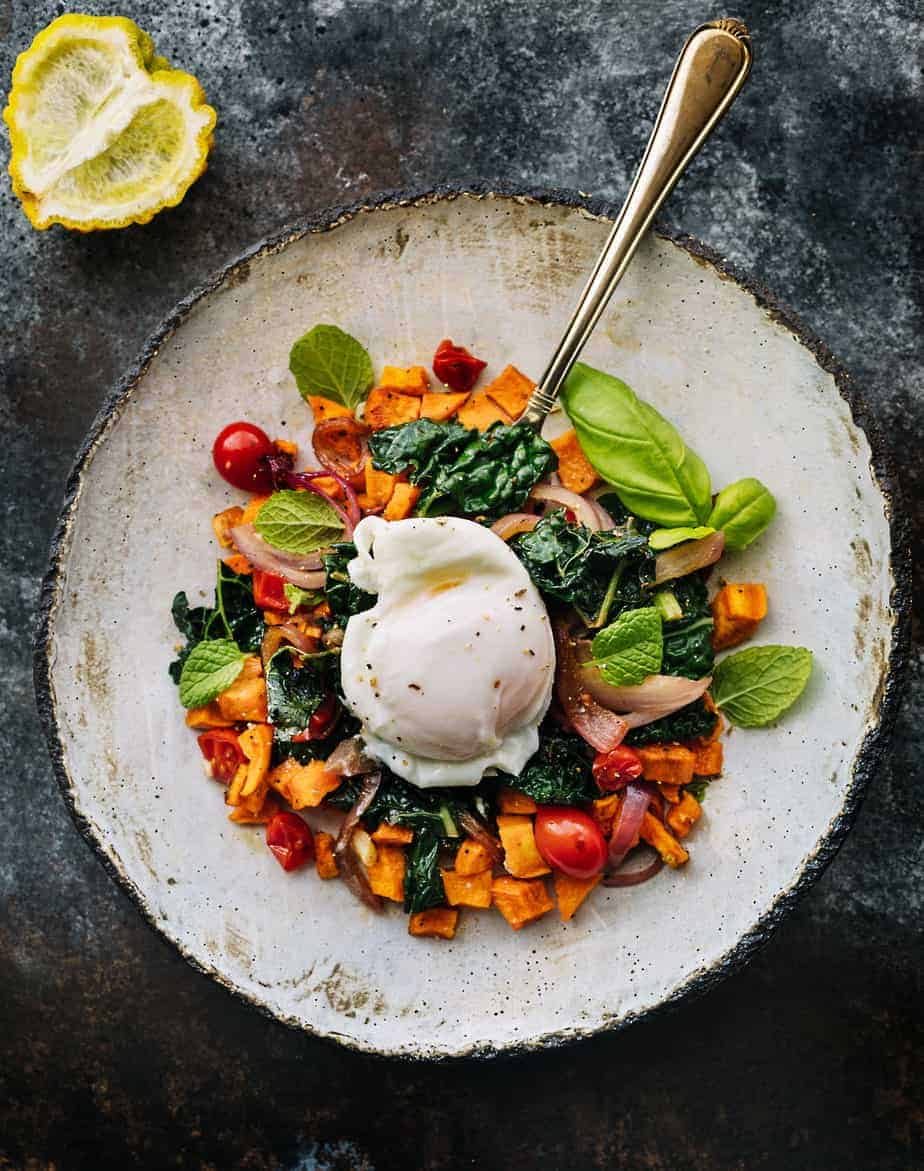 poached eggs baked sweet potato kale 