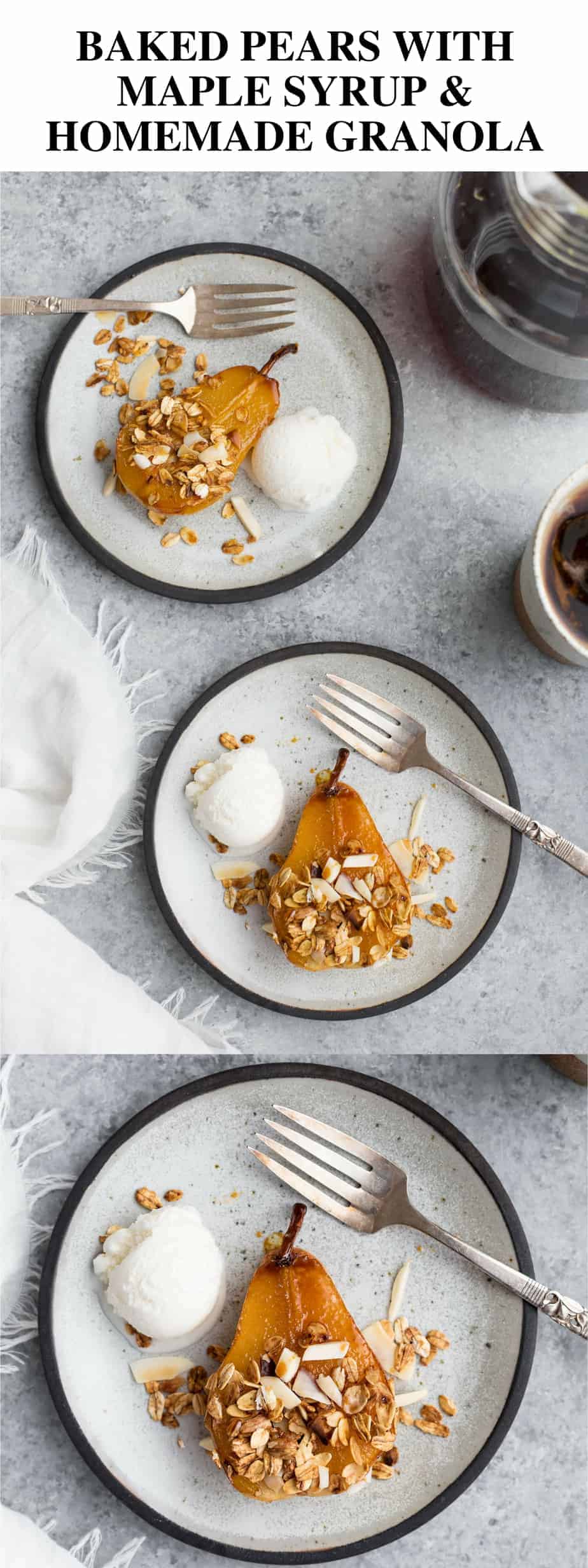 baked pears with maple syrup, served with homemade granola and vanilla ice cream