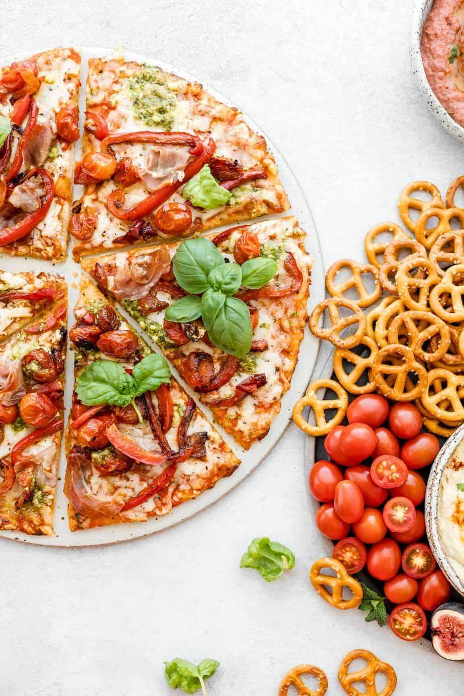 GlutenFree Pizza with Prosciutto and Pesto + Hummus Recipes Posh Journal