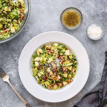 Brussels Sprouts Salad with Bacon, Apple, Walnut and Pecorino Romano Cheese