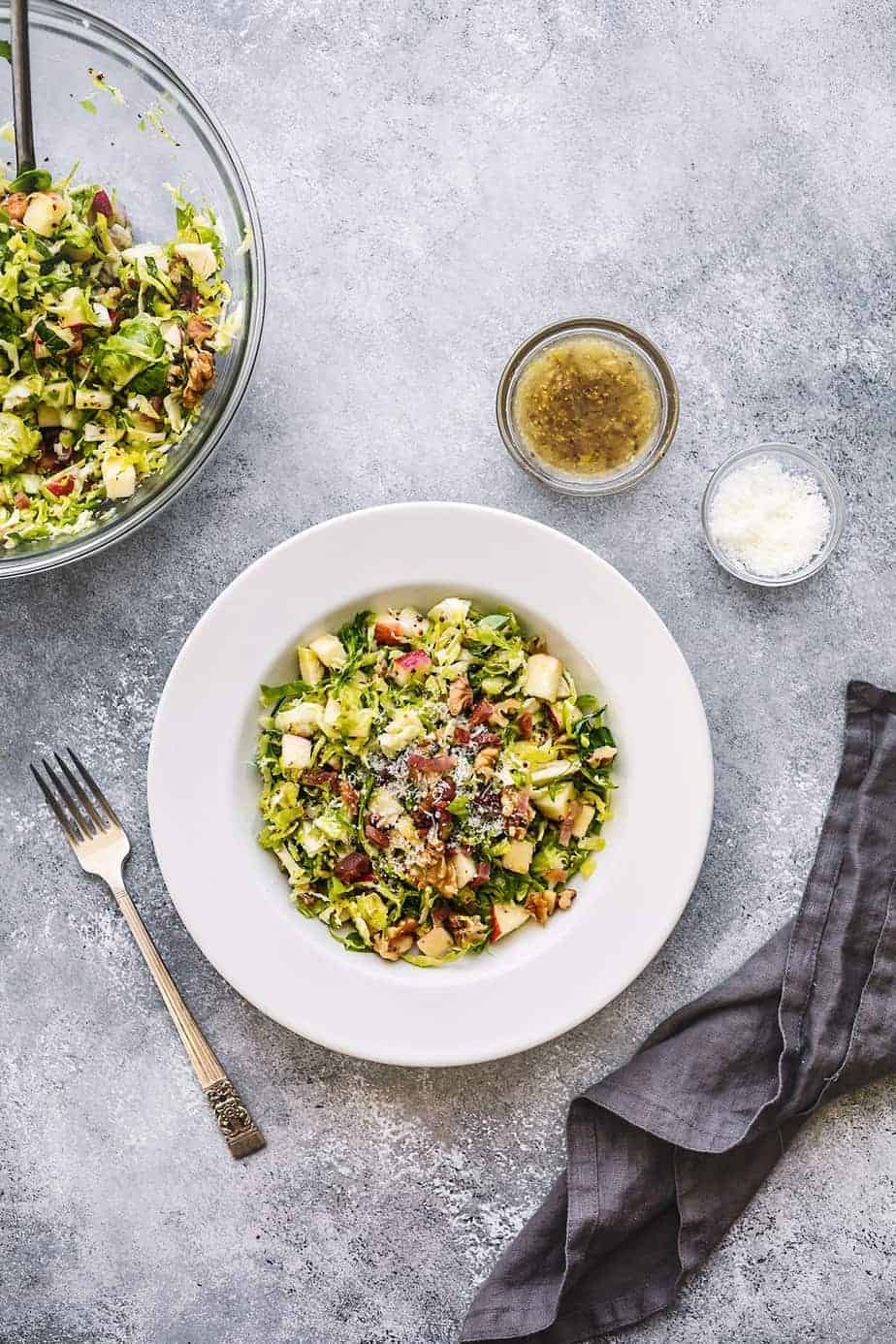 Brussels Sprouts Salad with Bacon, Apple, Walnut and Pecorino Romano Cheese