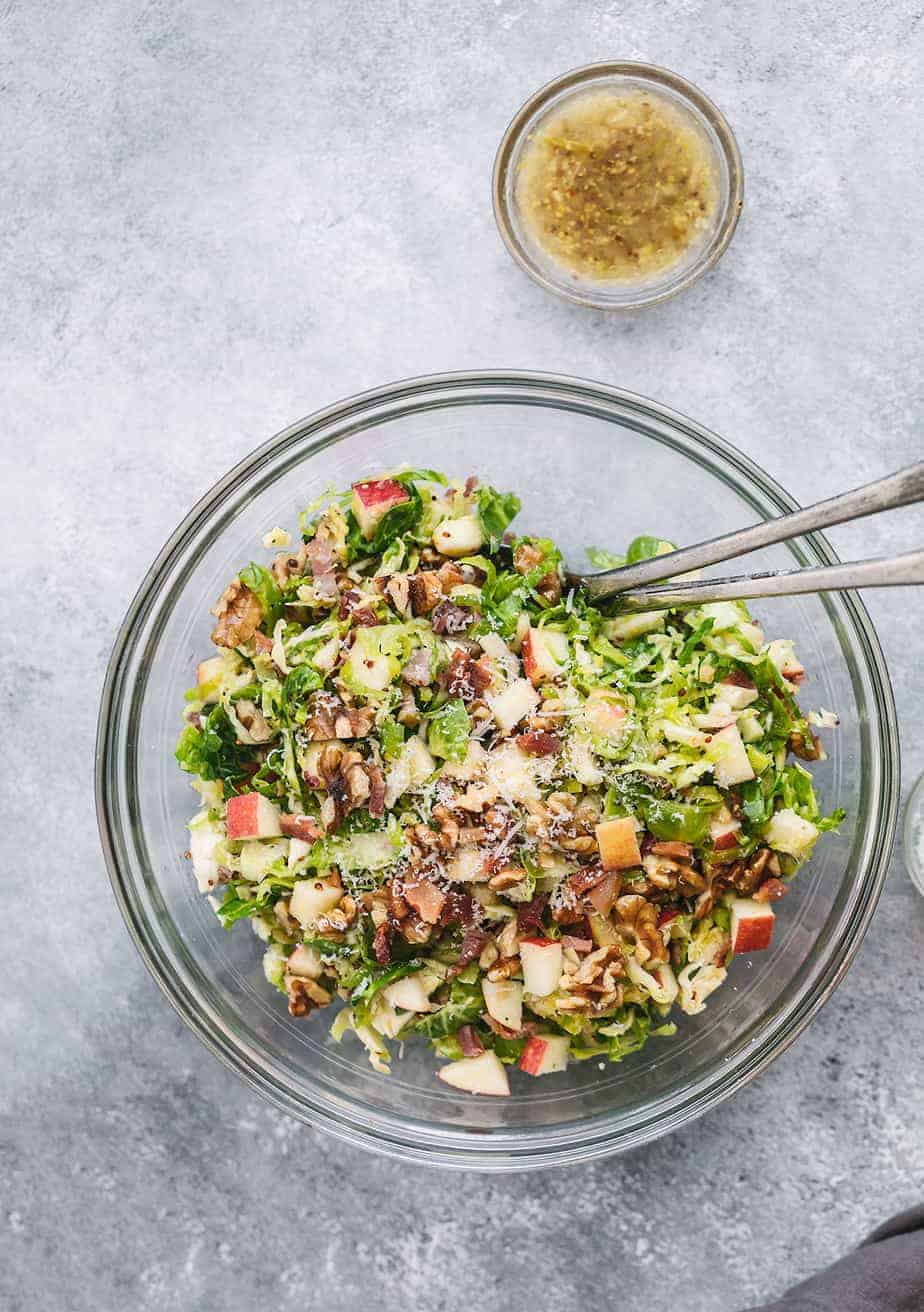 Brussels Sprouts Salad with Bacon, Apple, Walnut and Pecorino Romano Cheese