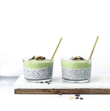 chia pudding with almond milk topped with creamy banana and avocado blend