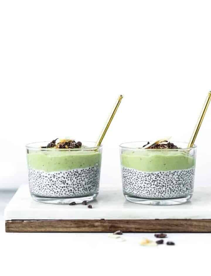 chia pudding with almond milk topped with creamy banana and avocado blend