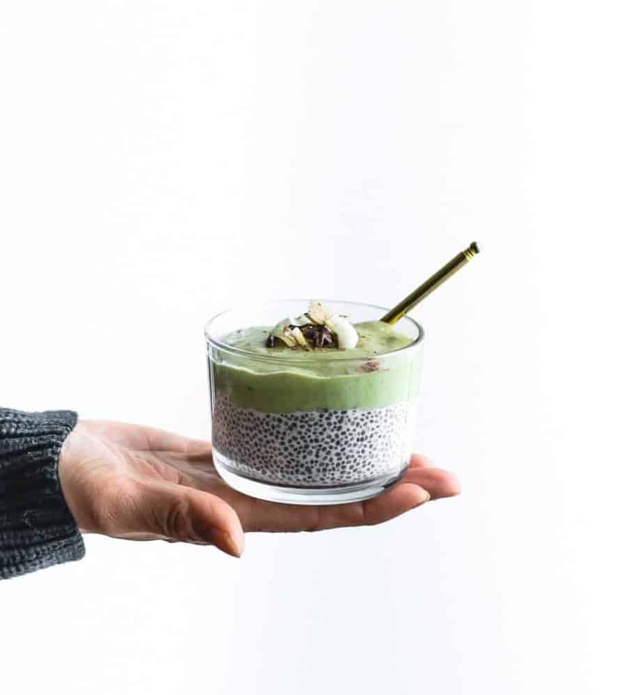 chia pudding with almond milk topped with creamy banana and avocado blend