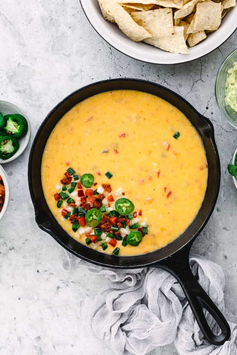 Instant Pot Queso Dip Recipe with Ground Beef, served with Mission Tortilla Strips