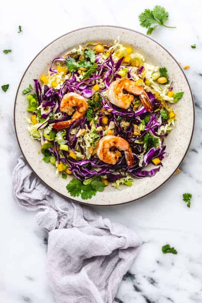 Asian Cabbage Mango Salad with Grilled Shrimp