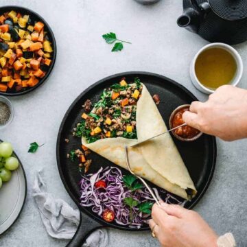 savory crepes with sausage bacon and roasted vegetables