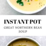 This Instant Pot Great Northern Bean Soup is an easy bean soup recipe that doesn’t required soaking the beans. It’s a creamy white bean soup that is made with simple ingredients: dried Great Northern Beans, broth, onions, garlic and rosemary spring. No heavy cream or dairy! #cleaneating #instantpot #instantpotsoup #Instantpotrecipes #soup