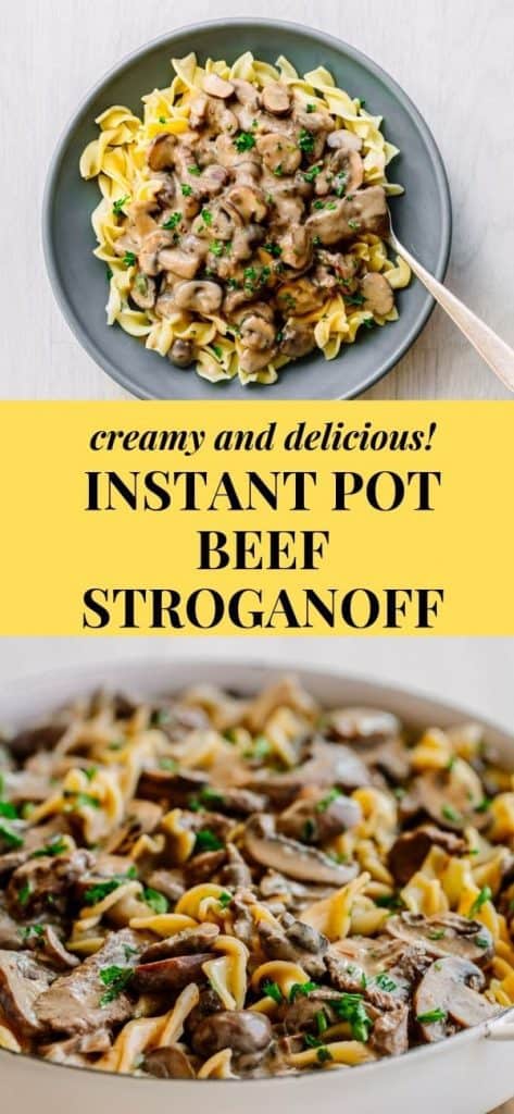 Creamy Instant Pot Beef Stroganoff.  Fall-apart tender beef in the most flavorful sauce! The sauteed beef is smothered in a creamy, sour cream mushroom sauce, cooked in a pressure cooker. 