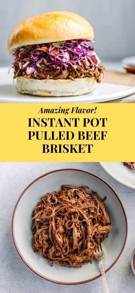  Tasty Instant Pot Pulled Beef Brisket! The meat is cooked in a sweet and tangy homemade sauce that is quite similar to BBQ sauce. As a result, it’s very juicy, tender and will melt in your mouth. Served on a bun and homemade coleslaw.