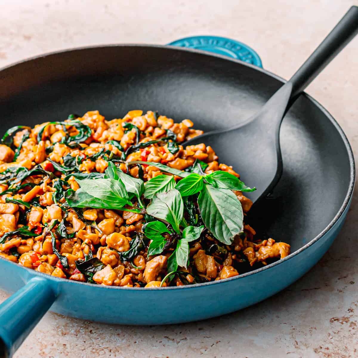 Thai Basil Chicken Recipe Made in a Le Creuset Skillet