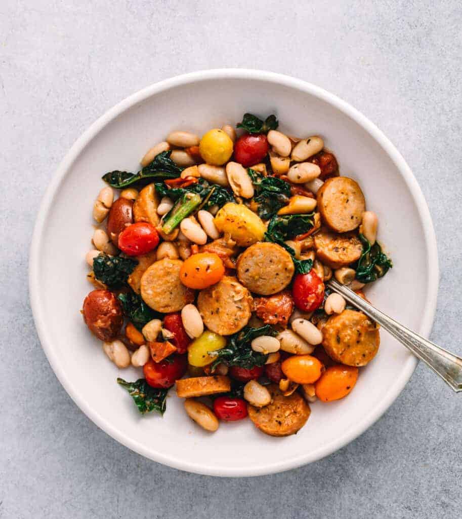 Skillet Sausage with White Beans and Kale