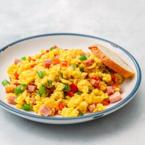 Soft Scrambled Eggs with Ham and Bell Pepper.