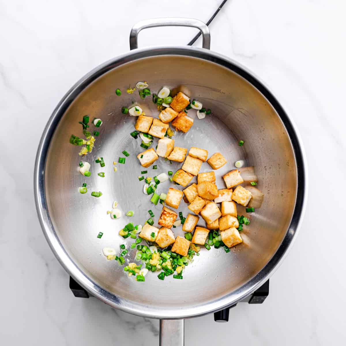 scallions, tofu, garlic, and ginger.