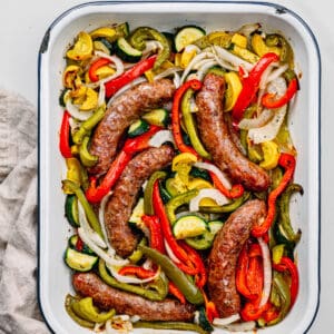 baked sausages with mixed vegetables.