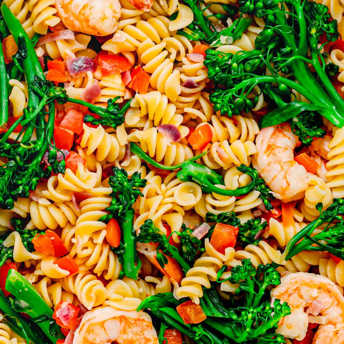 close up rotini pasta with shrimp and broccolini.