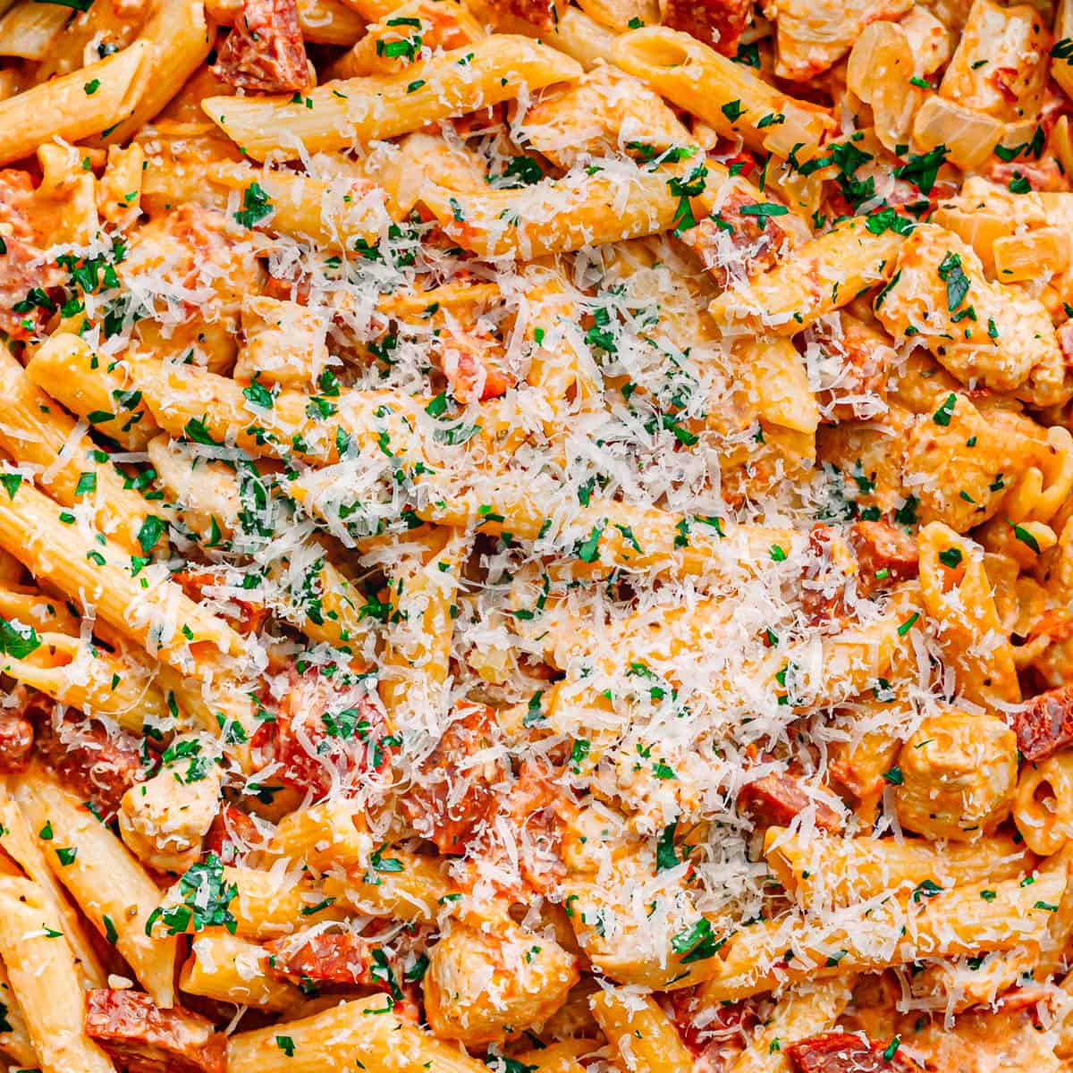 chicken and chorizo pasta recipe close up look.