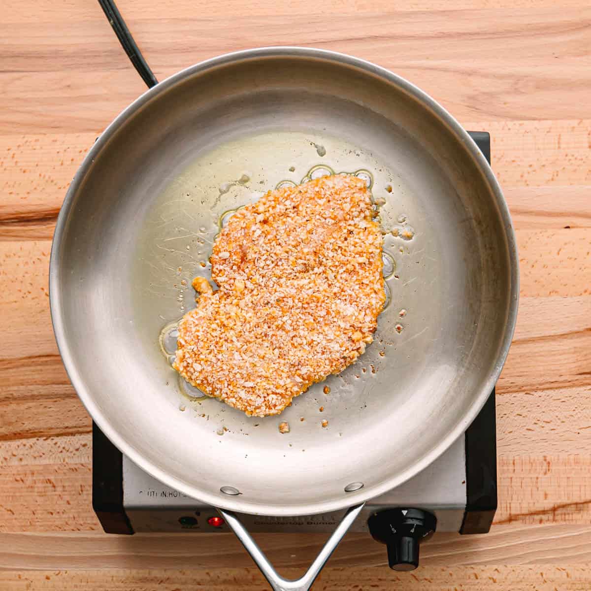 cook the chicken cutlets for about 2 minutes or longer per side, until crispy and golden brown. 