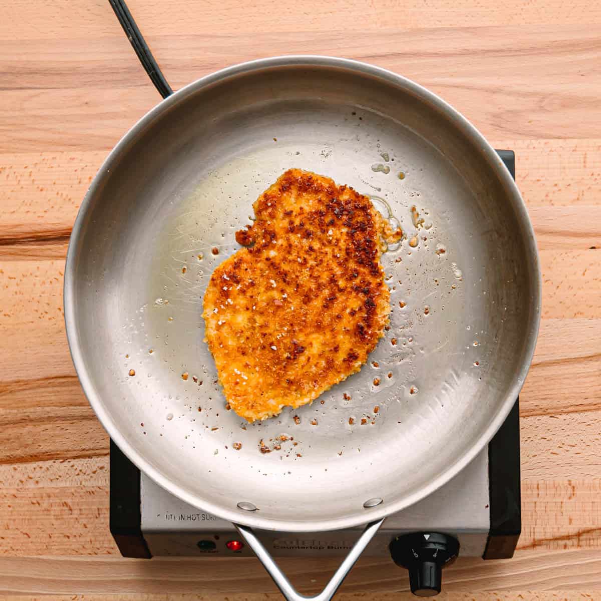 cook the chicken cutlets for about 2 minutes or longer per side, until crispy and golden brown. 