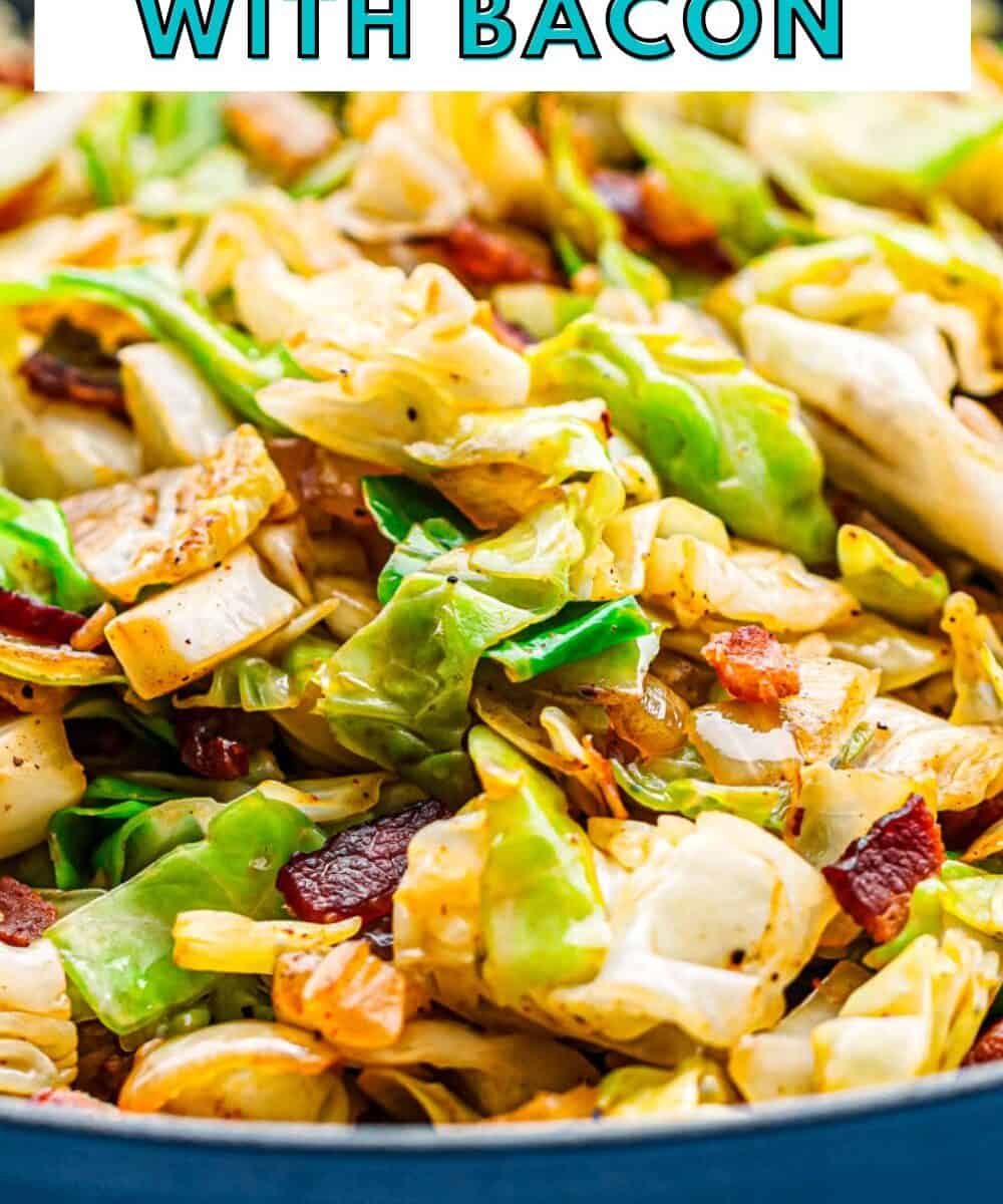 fried cabbage with bacon and onions recipe pin.