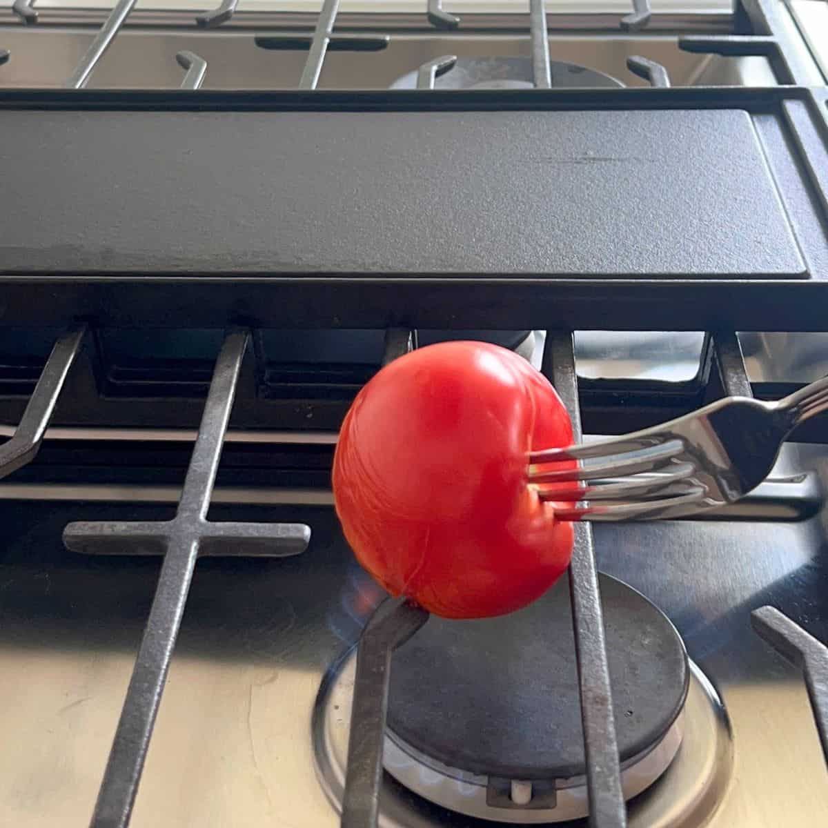 Pierce each tomato with a fork and hold it over an open flame (on the stove), rotating it frequently until the skin begins to char or blister. 