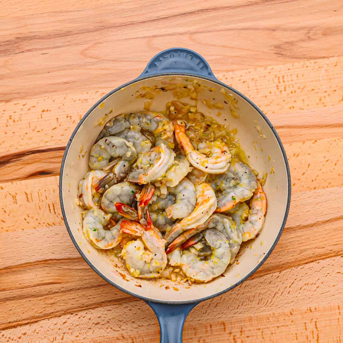 Add shrimp to the pan and cook just for about 2 minutes, not fully cooked. 