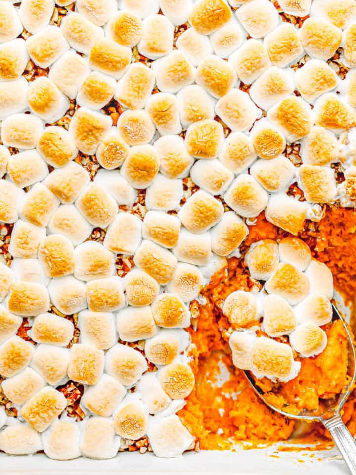 sweet potato casserole with marshmallows and pecans.