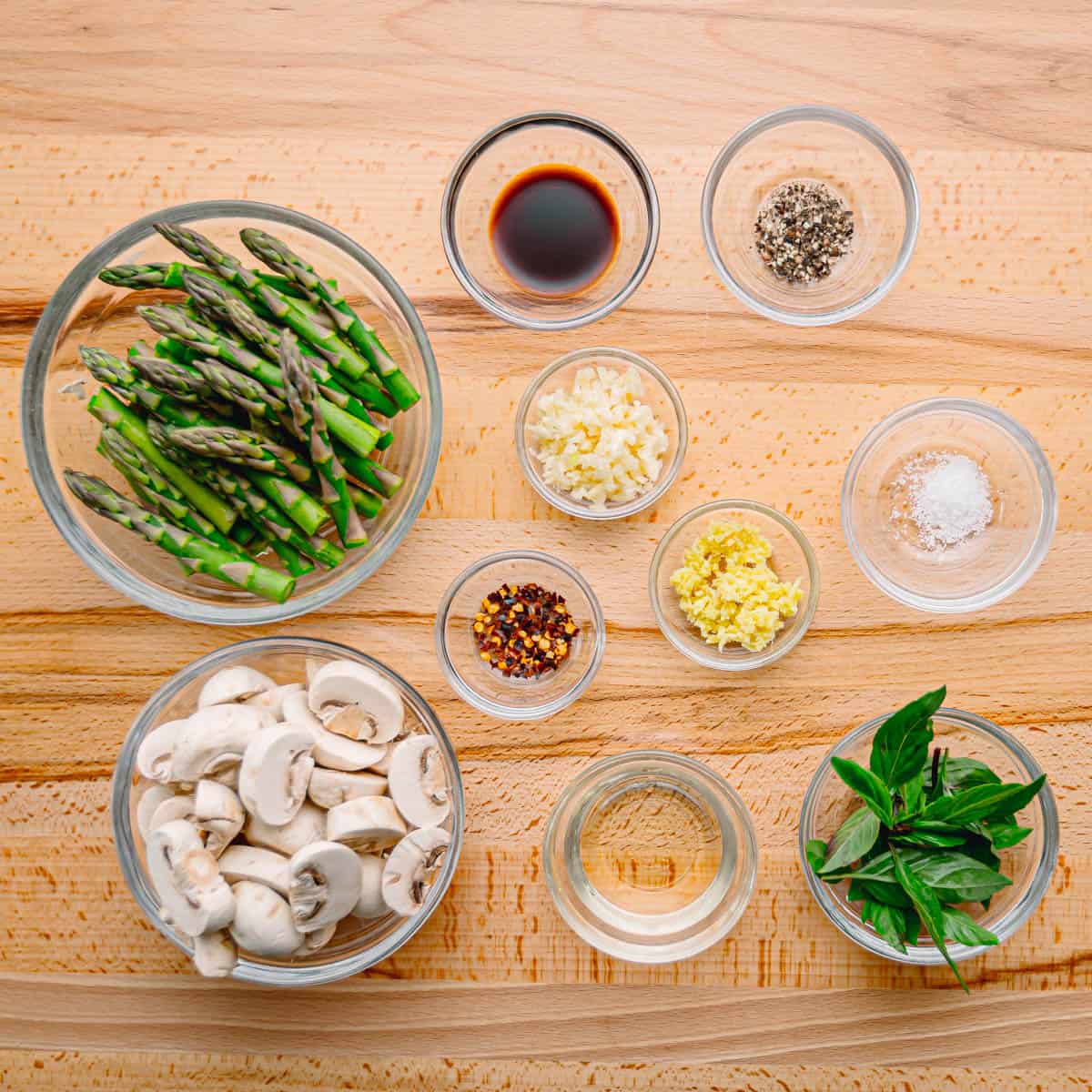 mushrooms, asparagus, garlic, soy sauce. 