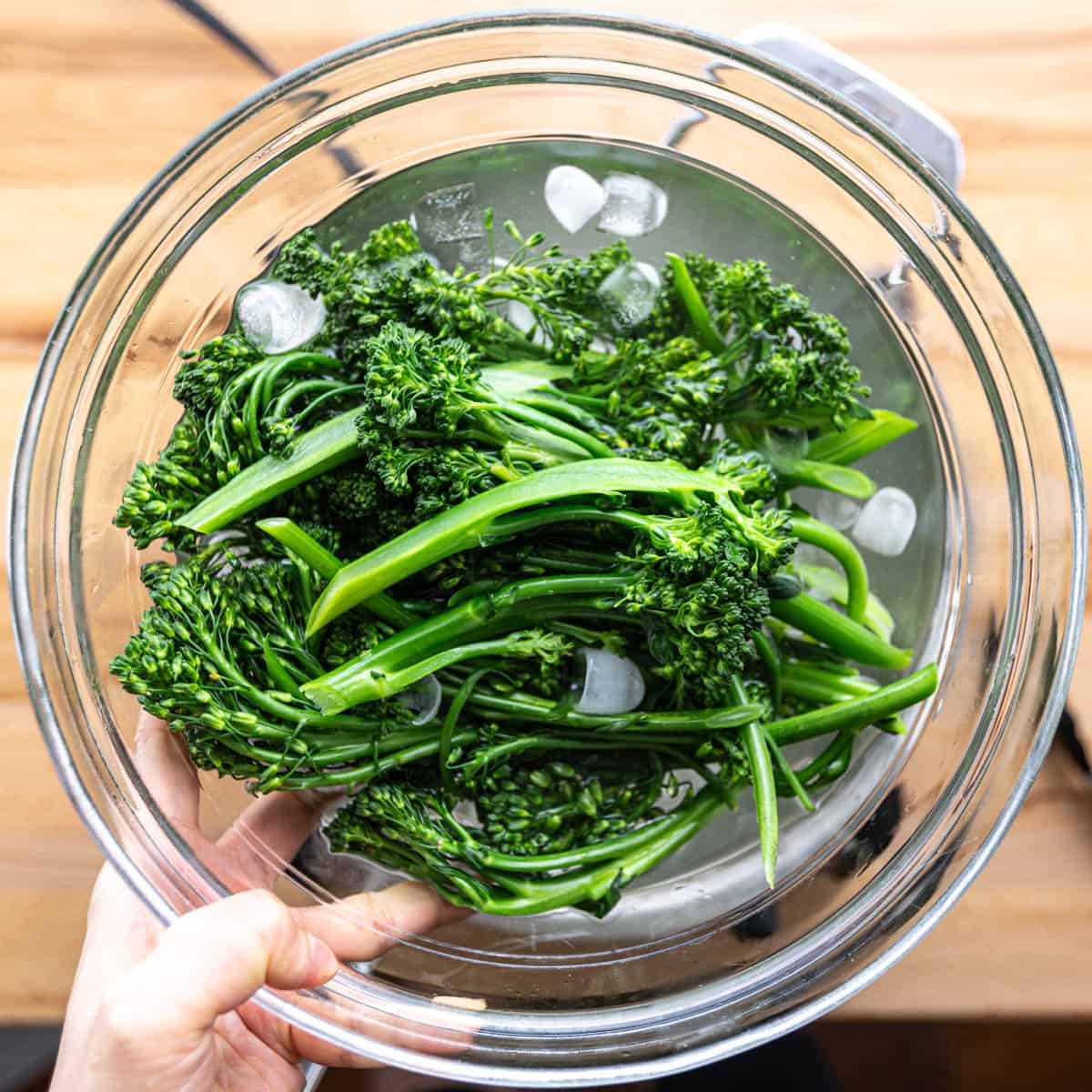 Take broccolini out and put them in a bowl of ice water to cool down. Drain them well.