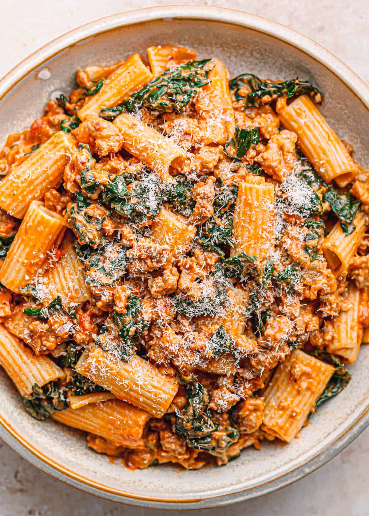 Rigatoni with kale and sausage.