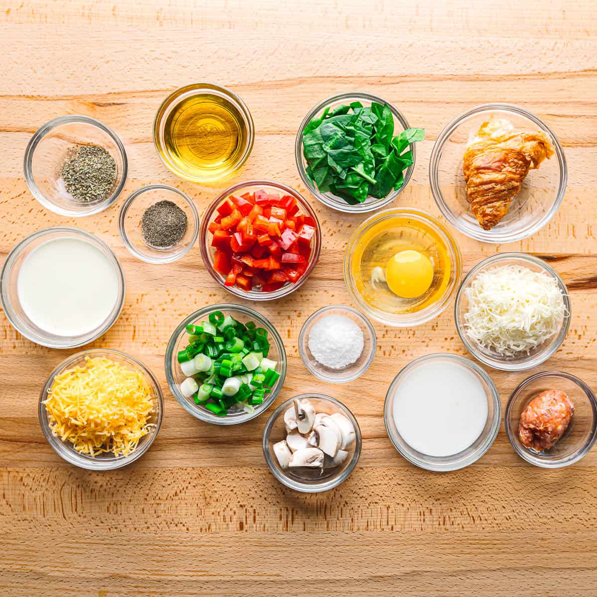 Ingredients for Croissant Breakfast Casserole with Sausage.