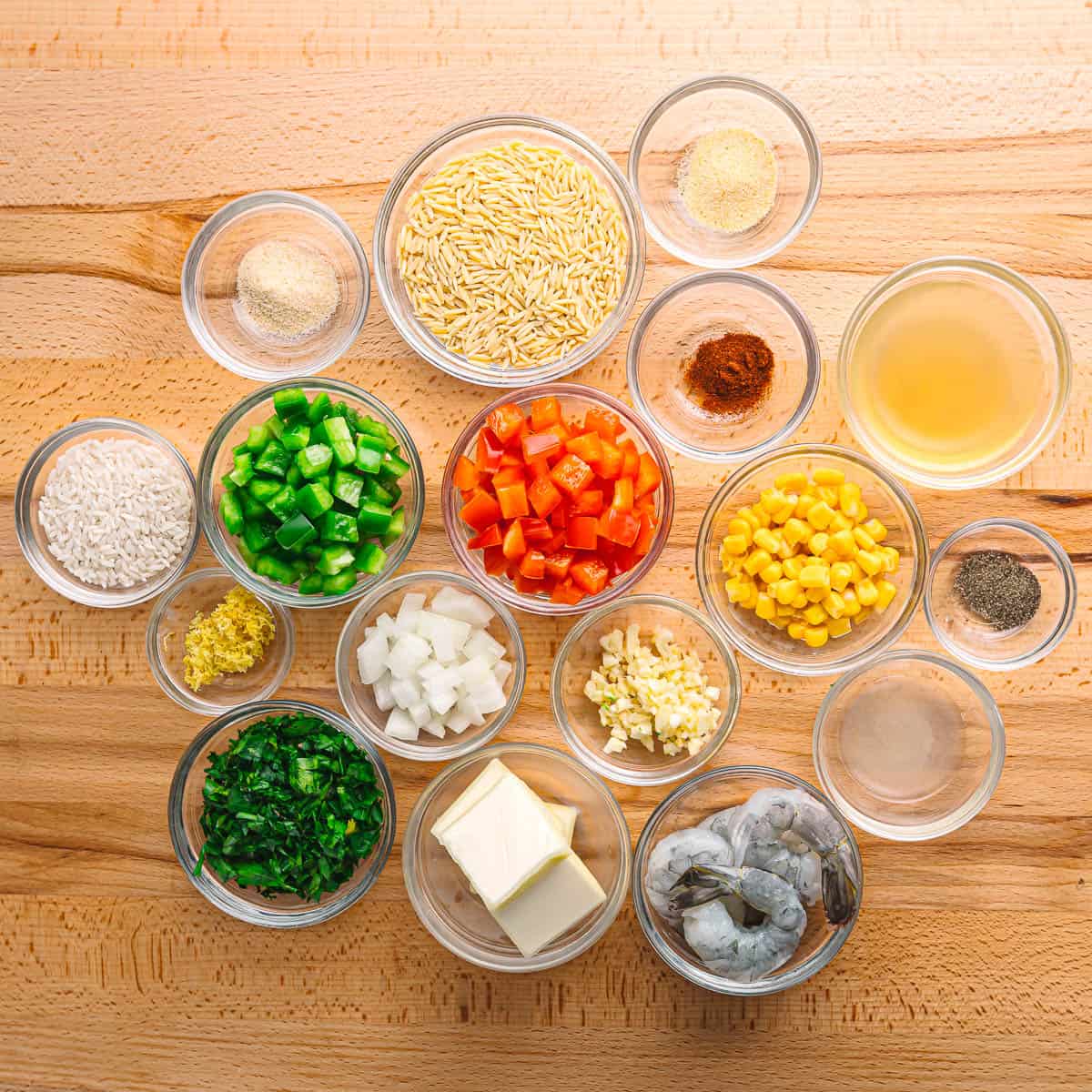 ingredients for shrimp rice pilaf with veggies. 