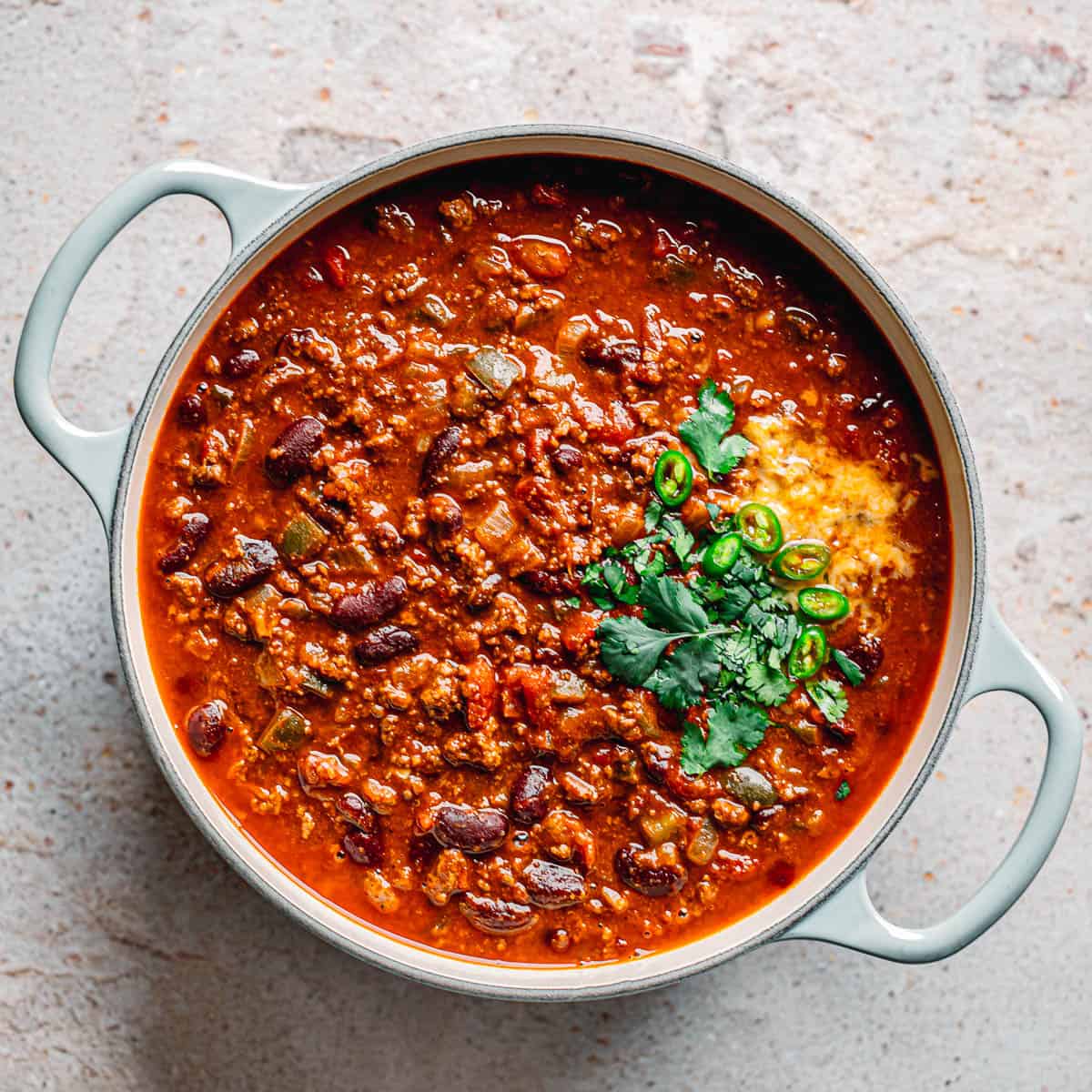 chili with ground beef and beer. 