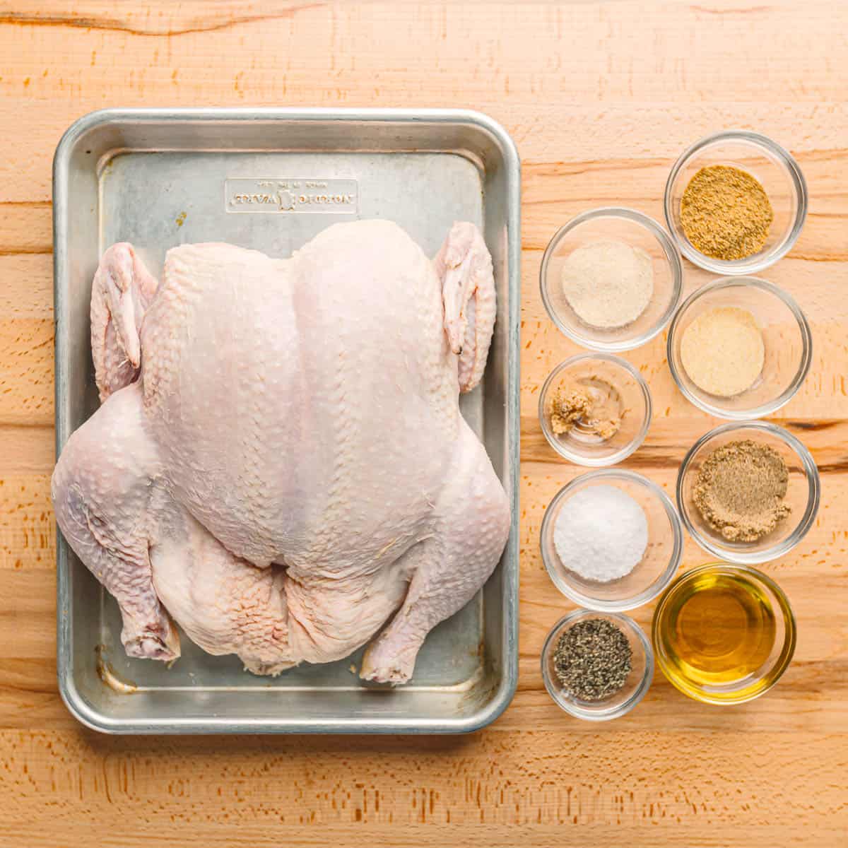 ingredients for roasted whole chicken recipe. 