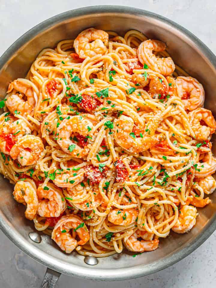 Shrimp and cherry tomato pasta recipe.