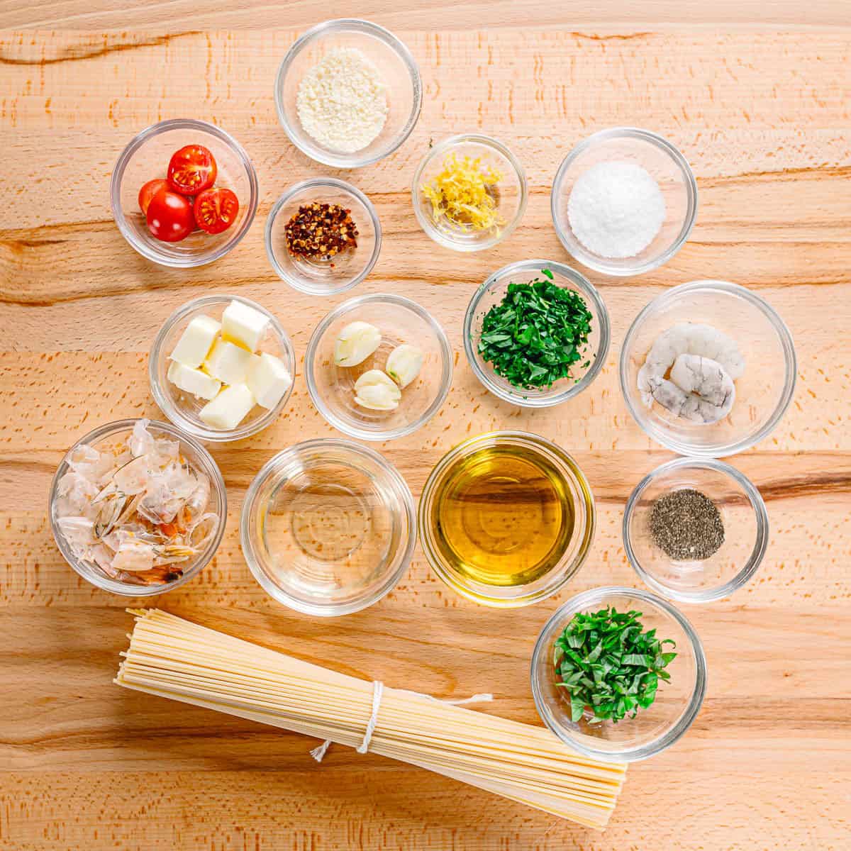 Ingredients for Shrimp and cherry tomato pasta recipe. 