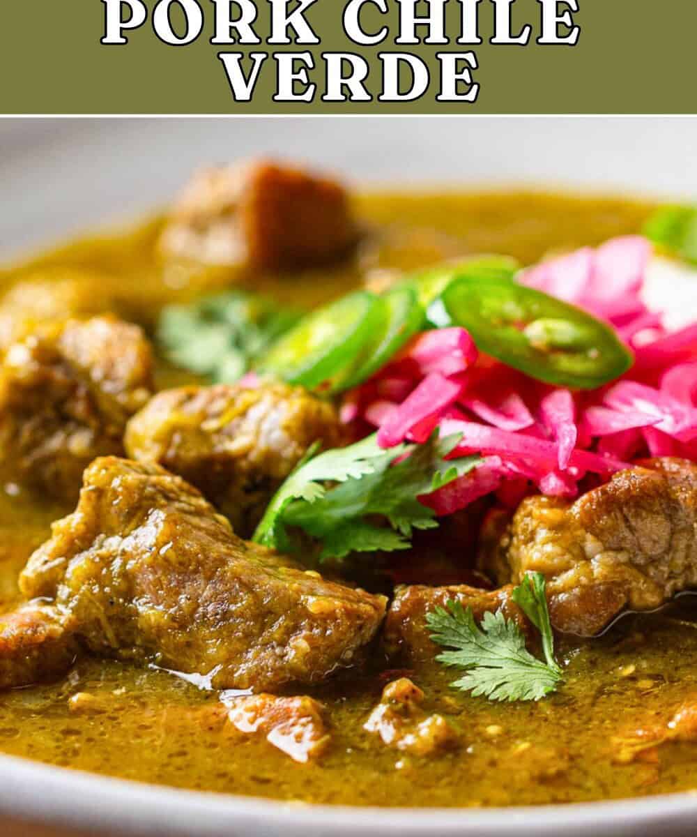 Bowl of tender pork chile verde in green tomatillo sauce, garnished with cilantro.