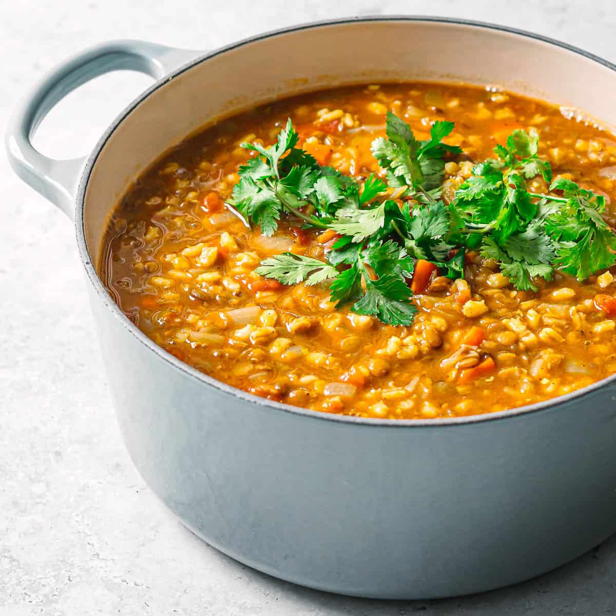 Cozy barley lentil soup in a blue Le Creuset Dutch oven.
