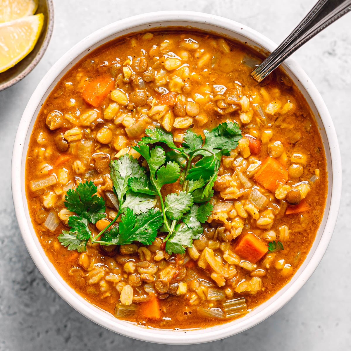 Barley lentil soup served in a white ceramic bowl.