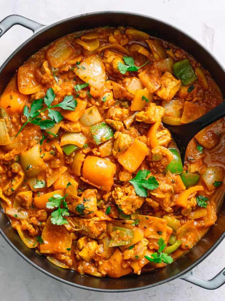 chicken jalfrezi in a staub skillet.