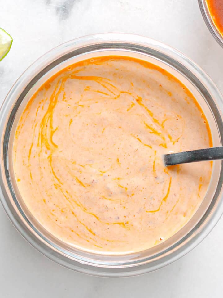 Finished creamy chipotle sauce in a small bowl.