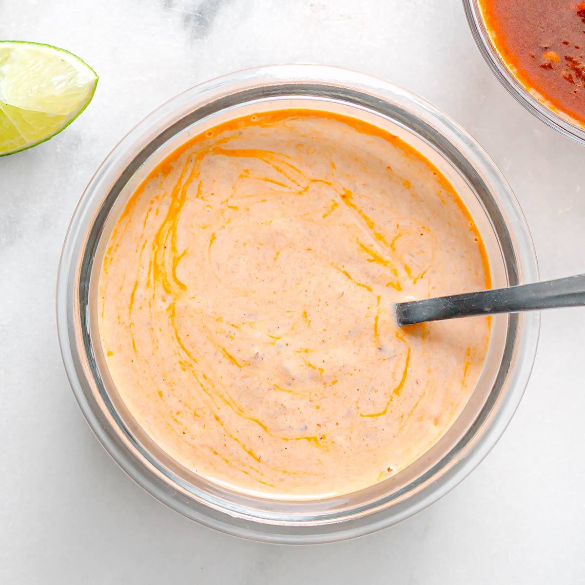 Finished creamy chipotle sauce in a small bowl.