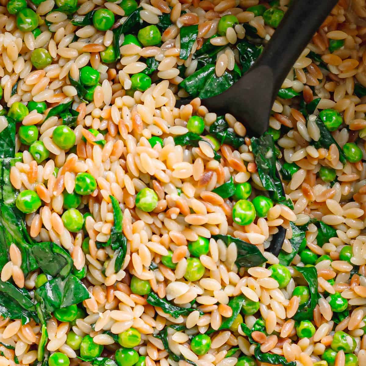 Close-up of orzo with peas and spinach.